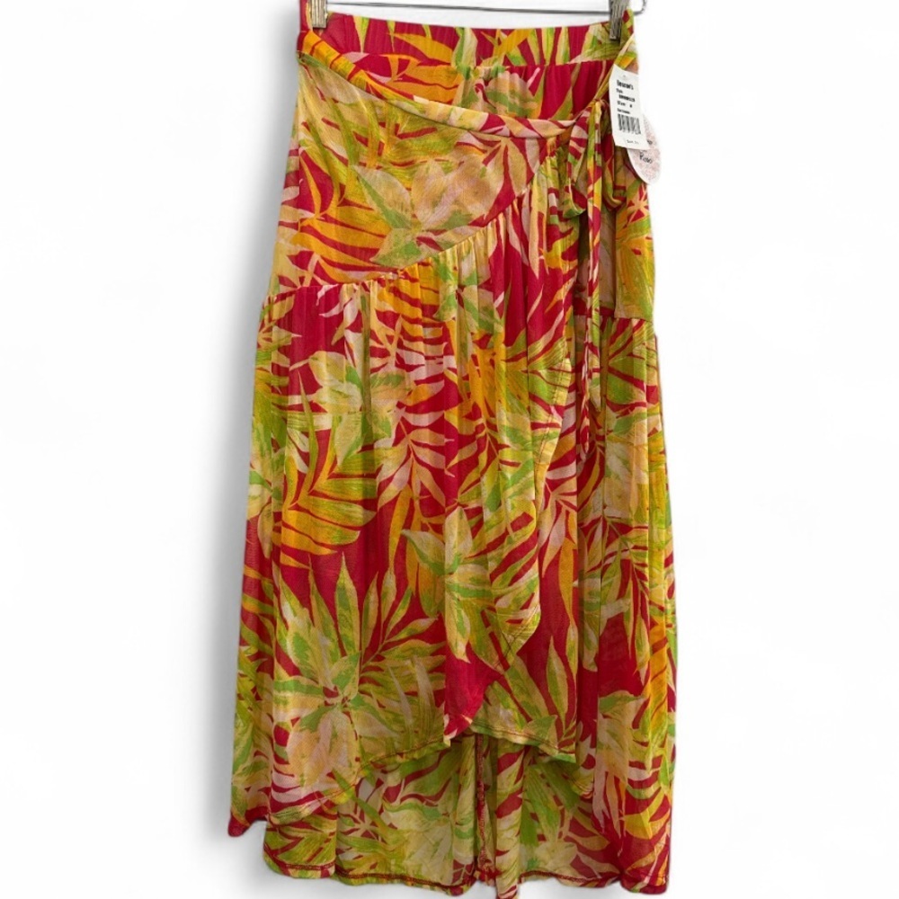 🟠 Harlow & Rose Pink Green Yellow Tropical Print Wrap Skirt Sz Medium New w/ Tag